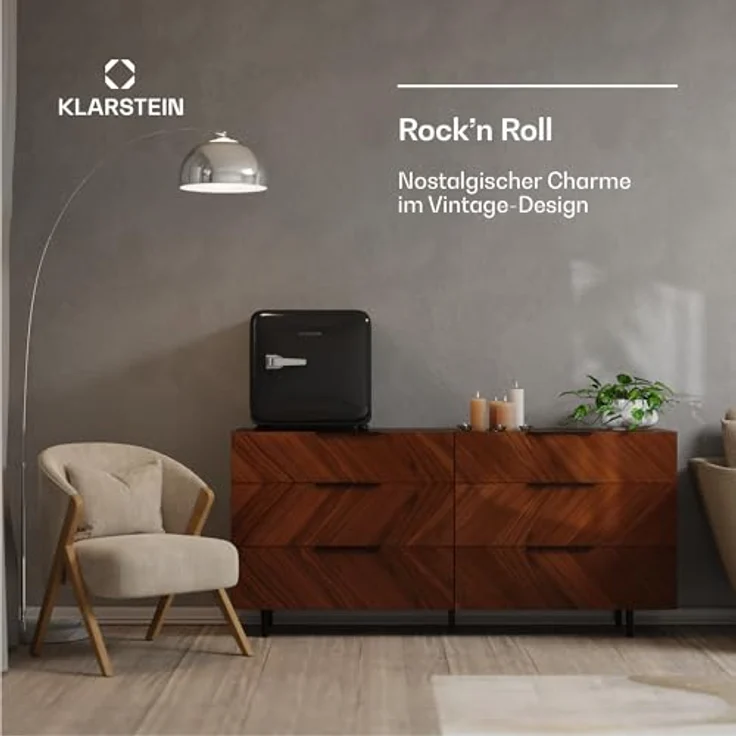 Klarstein Audrey Evo Mini Kühlschrank, 43 Liter Kapazität, leises Retro-Design, 49,5 cm hoch, reversible Tür, Schwarz – Bild 3