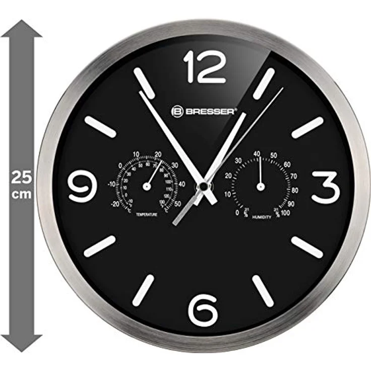Bresser Funkuhr Wanduhr MyTime ND Thermo-Hygro mit geräuschlosem Funkuhrwerk, Edelstahlrahmen und Anzeige für Temperatur und Luftfeuchtigkeit, schwarz, 250x250mm – Bild 3