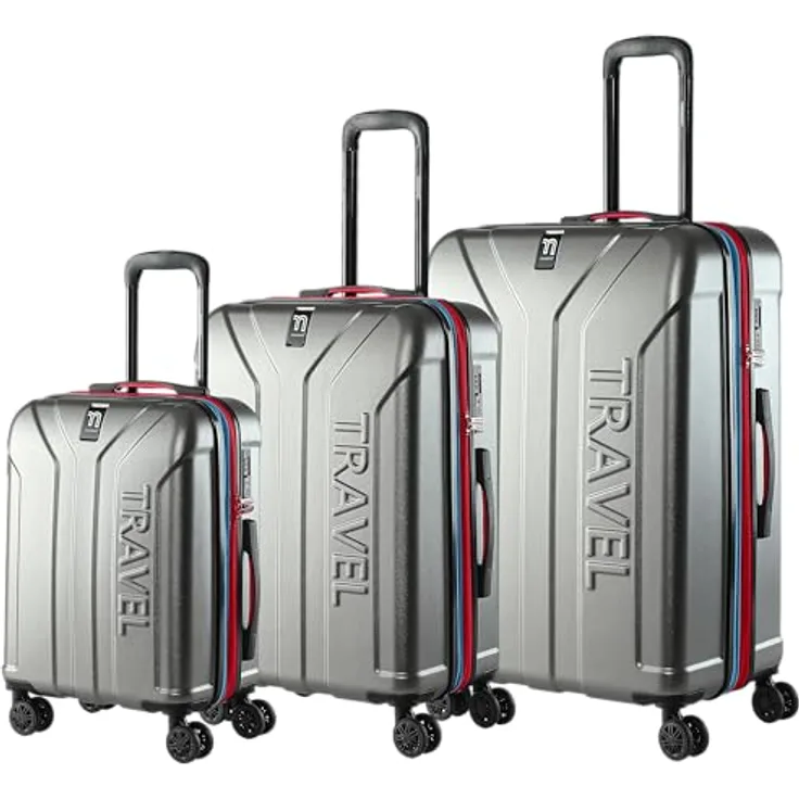 MONZANA® Kofferset 3tlg Hartschalenkoffer M-L-XL, grau, erweiterbar mit TSA Schloss, 4 Doppelrollen, ABS+PC Material, komfortable Gel-Griffe
