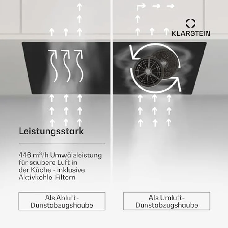 Klarstein Dunstabzugshaube 72cm, Abluft/Umluft-Dunstabzugshaube, LED-Beleuchtung & Touch-Bedienfeld, Leise Abzugshaube mit 466 m³/h Luftstrom, Effizienter Edelstahl-Dunstabzug – Bild 3