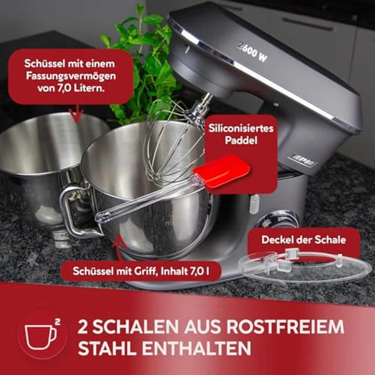 MPM Planetarische Küchenmaschine MPM-2600, 2600W mit zwei 7L Edelstahl-Rührschüsseln, umfangreichem Zubehör, anthrazit – Bild 2