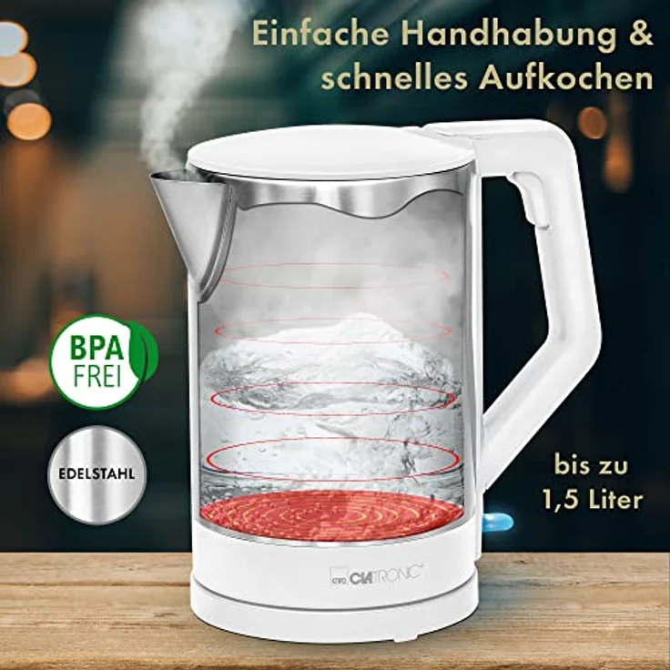 Clatronic WKS 3692 Wasserkocher 1,5 L, verdecktes Edelstahlheizelement, automatische Abschaltung, Basisstation mit Kabelaufwicklung, 2200 W, Weiß -Edelstahl – Bild 3