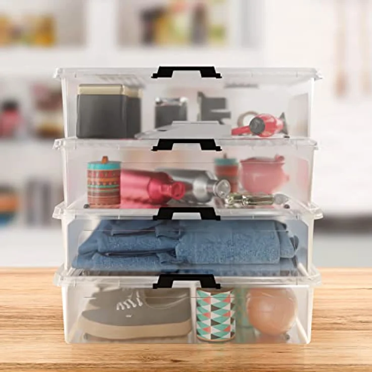 Deuba® Aufbewahrungsboxen 4 x 30l mit Deckel und Rollen, stapelbar, transparent Kunststoff BPA-frei Klickverschluss, RB60 für Büro, Garage, Waschraum – Bild 3