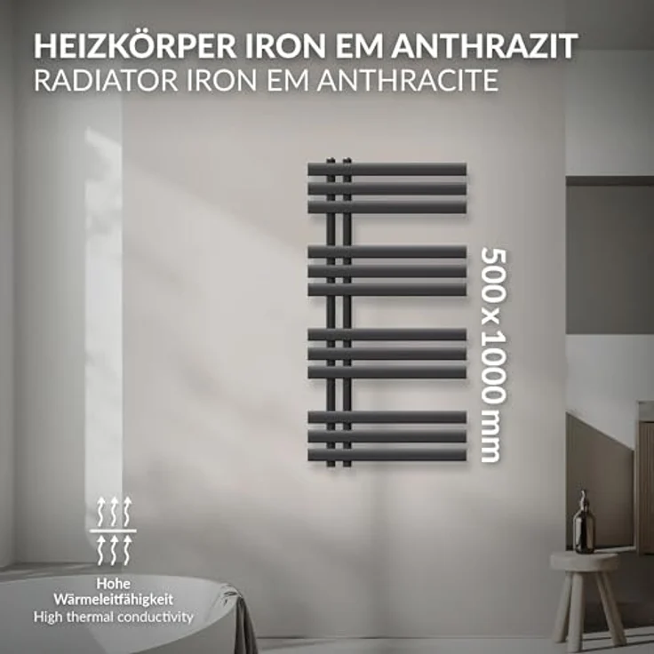ECD Germany Iron EM Design Badheizkörper - 500 x 1000 mm - Anthrazit - Designheizkörper Paneelheizkörper Handtuchwärmer - 500 W Wärmeleistung 1435 BTU – Bild 2