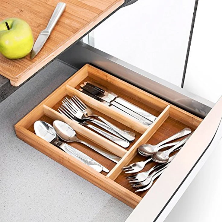 relaxdays Besteckkasten Besteckkasten 4 Fächer Bambus, Organizer aus Bambus für Besteck und Kleinkram, natürliche Optik, pflegeleicht – Bild 3