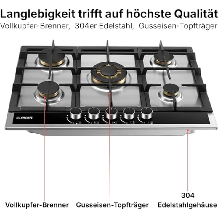 KB ELEMENTS Gaskochfeld Eternity Line 70 cm, 5 flammig, Vollkupfer-Brenner, 304 Edelstahlgehäuse, Wok-Dreifachbrenner, LPG/NG, automatische Sicherheitsabschaltung – Bild 4