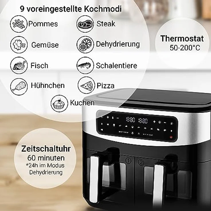 Venga! Doppel-Heißluftfritteuse, 2x 4,5 L Fassungsvermögen, 9 voreingestellte Kochprogramme, innovative Match Cook & Smart Finish Funktionen, 2 600 W, Schwarz/Silber, VG AFT 3008 – Bild 4