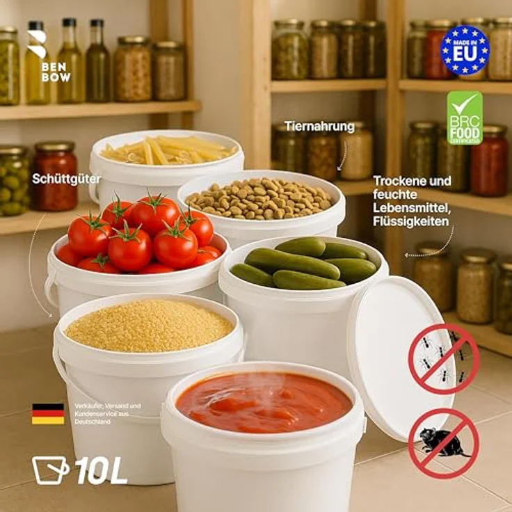 BenBow 10l Eimer mit Deckel, lebensmittelecht, luftdicht, auslaufsicher, geruchsneutral, weiß, mit Henkel, 10er Pack – Bild 3
