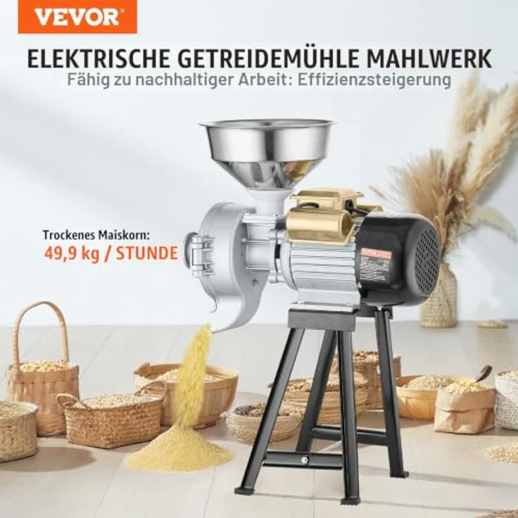 VEVOR Getreidemühle Gewürzmühle 3 kW, kommerzielle Maismühle mit Trichter, einstellbare Mahlstärke, Hochleistungs-Trocken- und Nassmühle, 50 kg/h – Bild 2
