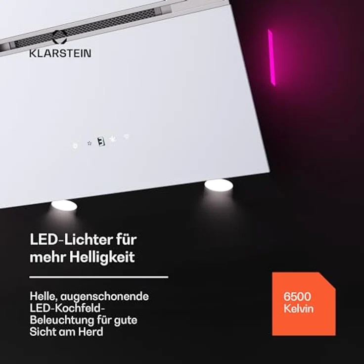Klarstein Dunstabzugshaube 60cm, Abluft/Umluft Dunstabzugshaube mit Aktivkohlefilter & LED-Beleuchtung, 600m³/h Luftstrom, IoT/Wi-Fi, Leise Schräghaube, Dunstabzugshauben 60 cm, weiß – Bild 4
