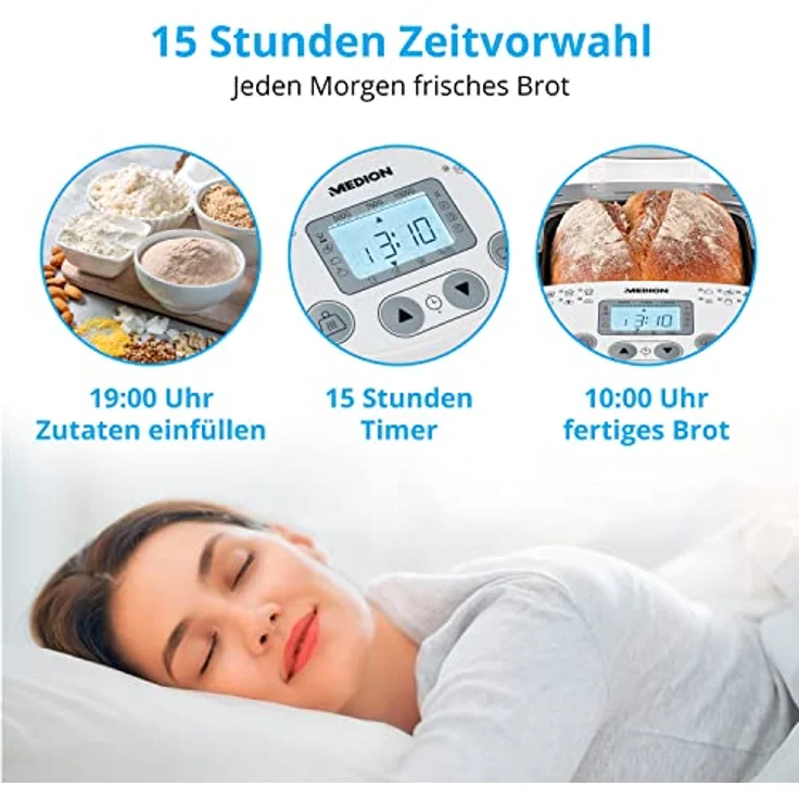MEDION Brotbackautomat (Brotbackmaschine, 550 Watt, bis zu 1000g, 19 Backprogramme, 3 Bräunungsgrade, Warmhaltefunktion, Zeitvorwahl MD 11011) – Bild 4