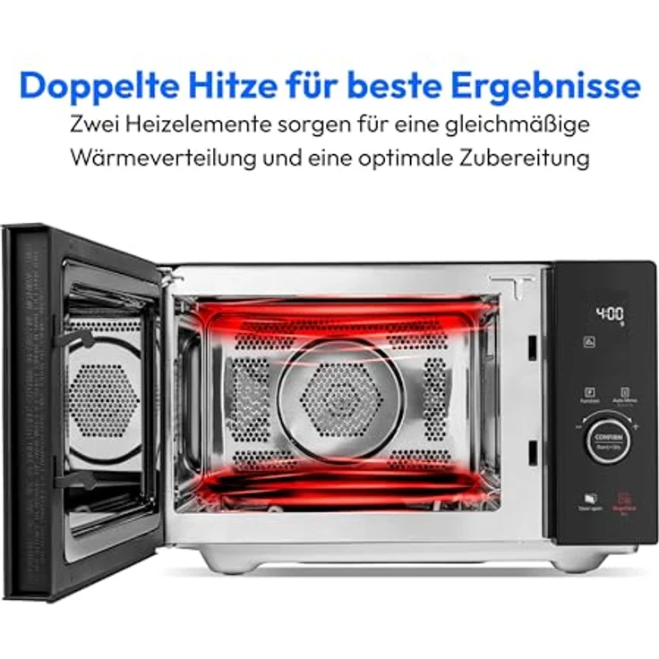 MEDION Mikrowelle mit Grill und Heißluft (25 Liter, 900 Watt, 1100 Watt Obergrill & 500 Watt Untergrill, 2100 Watt Heißluftfunktion, 11 Programme, 10 Leistungsstufen, Edelstahl, MD12041) schwarz – Bild 3