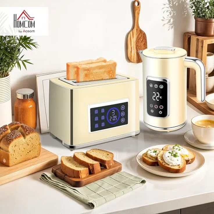 HOMCOM Toaster und Wasserkocher-Set, 1.7 L, 2200 W, 2-Schlitz-Toaster mit LED-Touchscreen, Cremeweiß – Bild 2