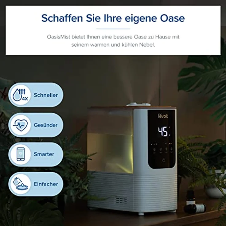LEVOIT Smart Luftbefeuchter, Warm-/Kalter Nebel max 550 ml/h, 4,5L Humidifier bis 40㎡ 45H, 26dB Aroma Raumbefeuchter mit Nachtlicht für Schlafzimmer Kinderzimmer und Pflanzen, Exklusiv bei Amazon – Bild 2