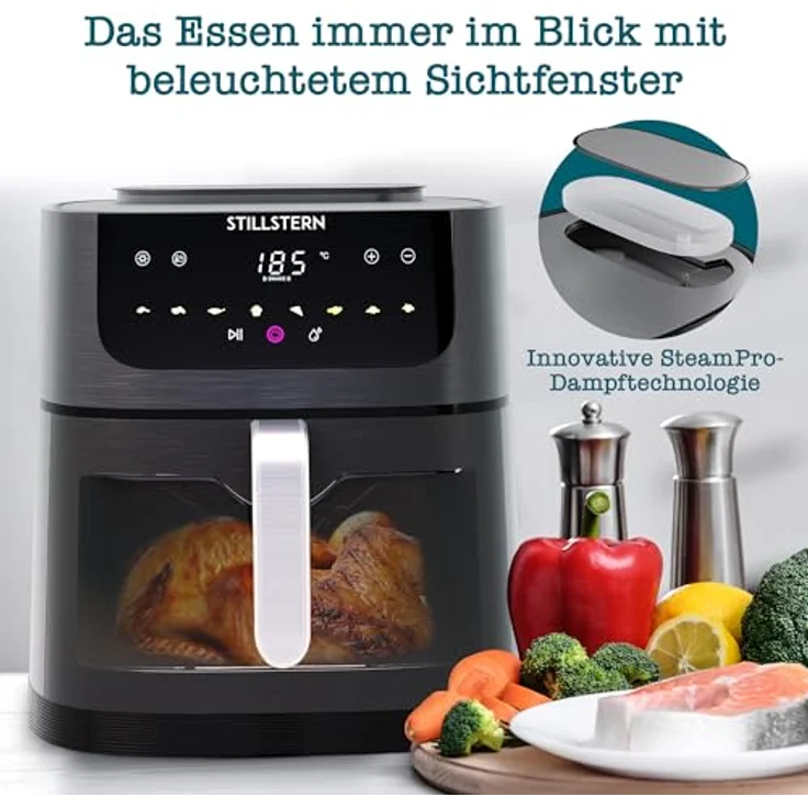 Stillstern Heißluftfritteuse 8L XXL – Dampffunktion, Sichtfenster, 1800W, 8 Programme, 3 Funktionen, 120-Min-Timer, Shake-Funktion, 120 Rezepte [Deutsch] – Fritteuse ohne Öl für knusprige Ergebnisse, silber – Bild 3