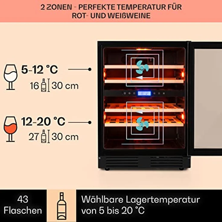 Klarstein Vinovilla 43 Built-In Duo Onyx, Doppelzonen Weinkühlschrank mit 129l für 43 Flaschen, edles Design und dreifarbige Beleuchtung – Bild 2
