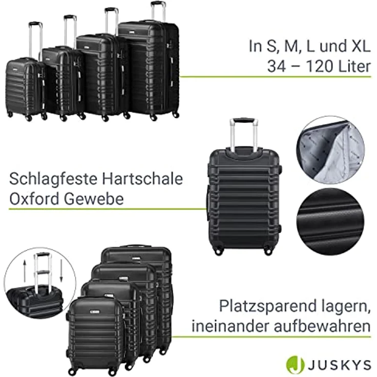 Juskys Hartschale Kofferset Reisekoffer 4 teilig - Zahlenschloss, geräuscharme 360° Rollen groß, Teleskopgriff, leicht - Koffer in Schwarz – Bild 4
