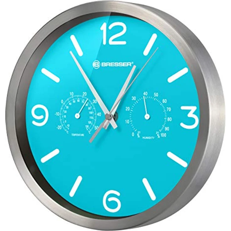 Bresser Funkuhr Wanduhr MyTime ND Thermo-Hygro mit geräuschlosem Funkuhrwerk, Edelstahlrahmen und Anzeige für Temperatur und Luftfeuchtigkeit, hellblau, 250 x 250 mm – Bild 1