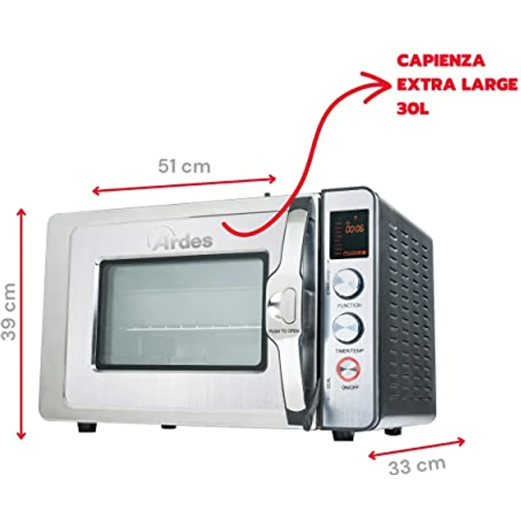 Ardes Dampfbackofen 30 Liter Elektrischer Dampf-Kleinbackofen mit 9 Garprogrammen Timer doppeltes Glas mit Zubehör CARLOMAGNO AR6430PR, Multifunktional mit LED-Digitalanzeige, 9 Garmodi, Breite 51 cm x Tiefe 39 cm x Höhe 33 cm, in Schwarz – Bild 3