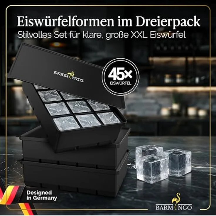 BARMINGO Silikon Eiswürfelform XXL (3er Set) – BPA-frei, auslaufsicher und spülmaschinenfest, große Eiswürfel (3×3 cm), schwarz – Bild 2