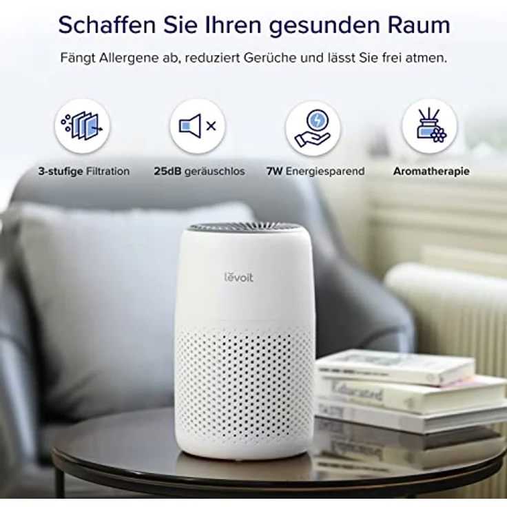 LEVOIT HEPA Luftreiniger mit Aromatherapie, 7 Watt energiesparend, Air Purifier mit 3 Geschwindigkeiten gegen Schimmel Staub Tierhaare bis zu 0,3 μm für Allergiker Schlafzimmer, 25dB, Weiß – Bild 2