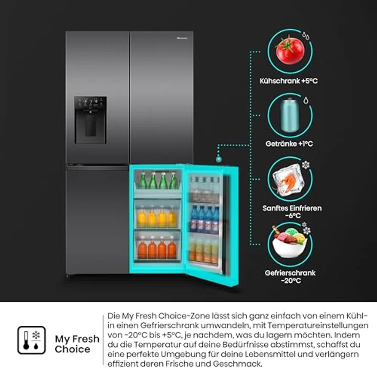 Hisense RQ5P640SYKD French Door Kühl-Gefrier-Kombination, 390 l Kühlvolumen, 250 l Gefriervolumen, schwarz, mit LED-Innenbeleuchtung und Schnellgefrier-Funktion – Bild 6