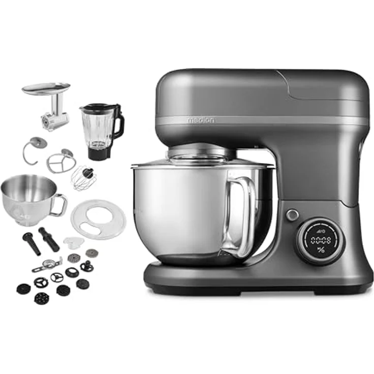 MEDION 3 in 1 Universal Küchenmaschine (Digital, 1.200 Watt, 8 Stufen, Mischen Kneten Rühren Mixen Fleischwolf, digitales Touch Display) Titan – Bild 1