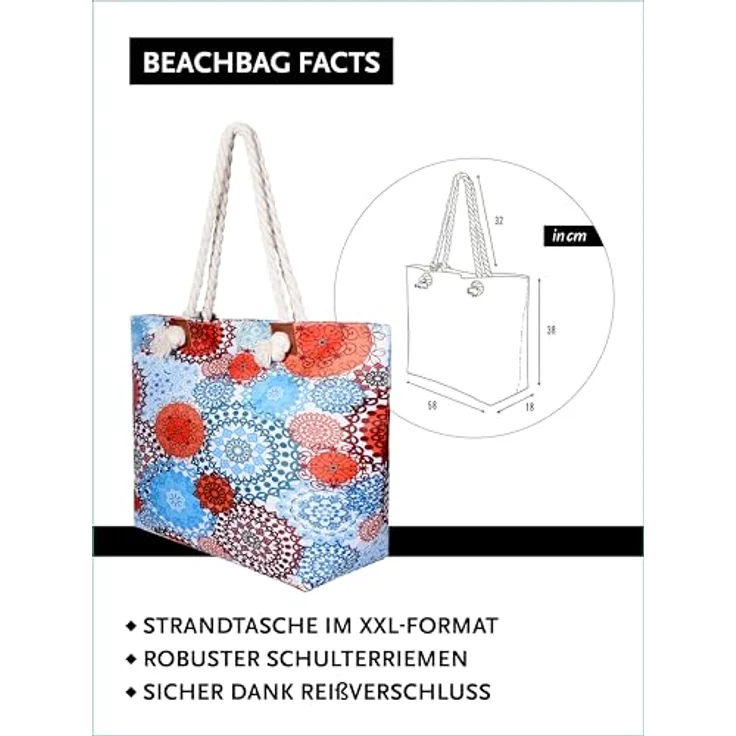 DonDon XXL Strandtasche mit Reißverschluss, praktische Umhängetasche in Retro Chic mit zusätzlicher Kleintasche, 58 cm x 38 cm x 18 cm, ideal für Strand und Meer – Bild 2