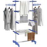 HOMCOM WГ¤schestГ¤nder TurmwГ¤schetrockner mit Klappbarem FlГјgel, 6 Kunststoff-UniversalrГ¤der, Blau