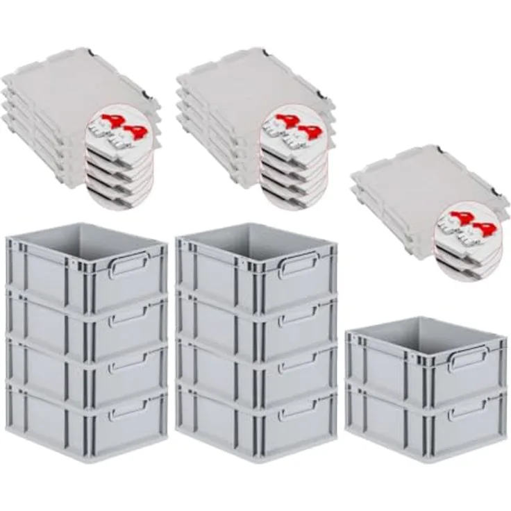 PROREGAL Eurobox NextGen Economy 10er Set mit Scharnierdeckel und roten Verschlüssen, HxBxT 17x30x40cm, 16 Liter, lebensmittelecht, robust und stapelbar