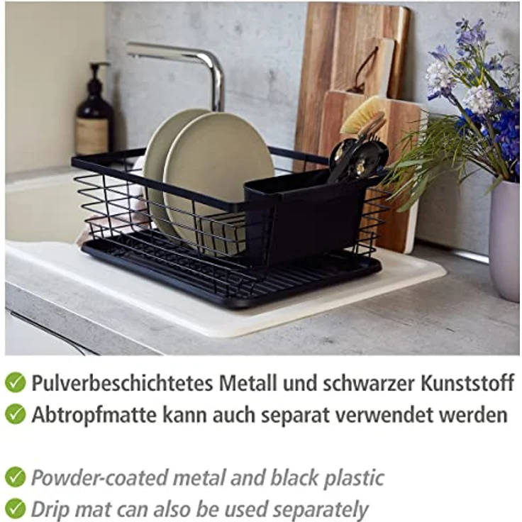 WENKO Geschirrabtropfer Drip, Abtropfgestell für Geschirr, ideal zum Abstellen neben der Spüle, aus pulverbeschichtetem Metall und Kunststoff, 36 x 15 x 30,3 cm, Schwarz – Bild 3