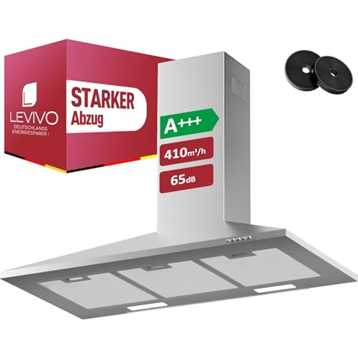 LEVIVO Dunstabzugshaube 90 cm, Umluft & Abluft, 410 m³/h Luftleistung, 2 Aktivkohlefilter, 3 Fettfilter, Wandhaube mit 3 Stufen, Edelstahl – Bild 1