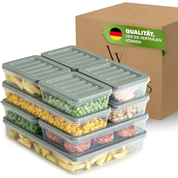 VIWARES Stapelbare Gefrierdosen 9er Set, Lebensmittellagerung für Kühlschrank und Gefrierfach, Frostfest bis -25°C, wiederverwendbar, Grau