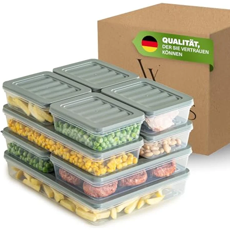 VIWARES Stapelbare Gefrierdosen 9er Set, Lebensmittellagerung für Kühlschrank und Gefrierfach, Frostfest bis -25°C, wiederverwendbar, Grau – Bild 1