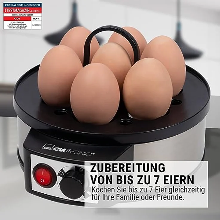 Clatronic EK 3321 Eierkocher mit Härtegradeinstellung (7 Eier), akustisches Endsignal, Messbecher mit Eipicker, 400 Watt, Inox – Bild 2