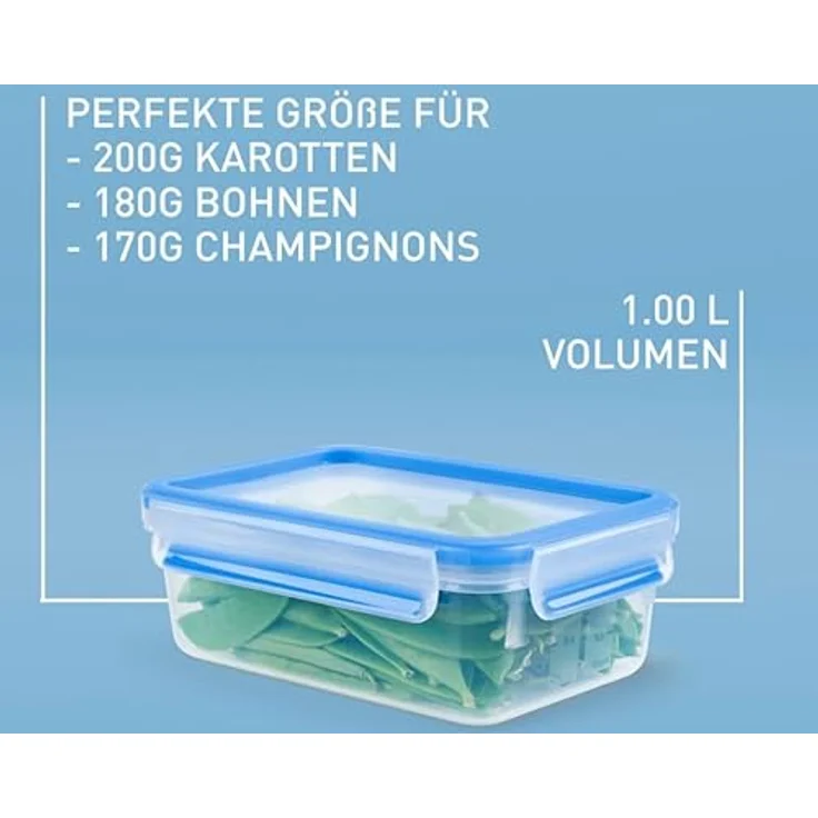 Emsa Clip & Close Frischhaltedosen-Set, rechteckig, 3 x 1 L, 100% dicht, spülmaschinen-, gefrier-, mikrowellenfest, Transparent, Blau, Made in Germany – Bild 3
