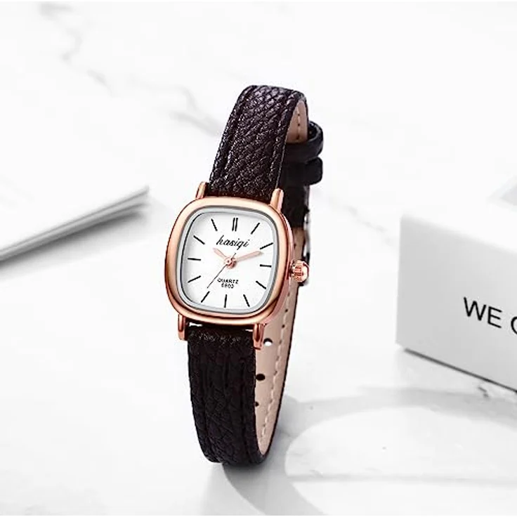 JewelryWe Damenuhr Vintage Quadrat Analog Quarz mit Braun Leder Armband und Rosegold Gehäuse, Wasserdichte Armbanduhr für Frauen und Mädchen – Bild 3