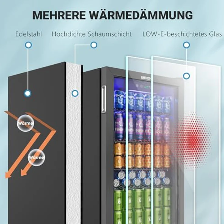 EUHOMY 90L Getränkekühlschrank, Mini-Kühlschrank für 126 Dosen mit Glastür, verstellbaren Regalen und digitaler Temperatureinstellung, Schwarz Edelstahl – Bild 5