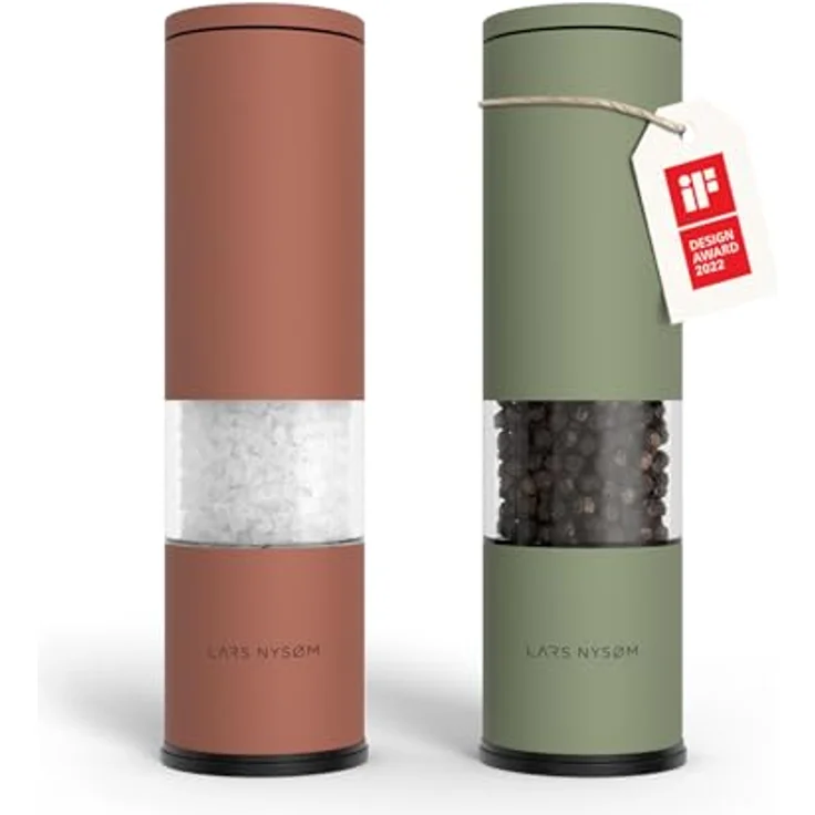 LARS NYSØM Salz und Pfeffermühle Set „Lagom“, manuelles Keramikmahlwerk, Edelstahl, 2 Stück, Rot/Grün – Bild 1