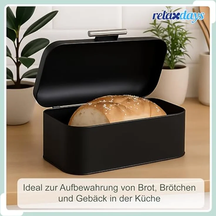 Relaxdays Brotkasten Retro, Brotbox mit Deckel & Griff, schwarz, HBT: 15,5 x 30 x 21 cm, inkl. atmungsaktivem Brotbeutel, Metallgehäuse – Bild 2