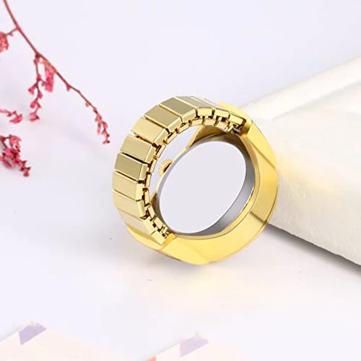 JewelryWe Fingeruhr für Damen und Herren, Quarzwerk, rund, elastisches Armband, Arabisches Gold, wasserdicht, inklusive Geschenkbox – Bild 5