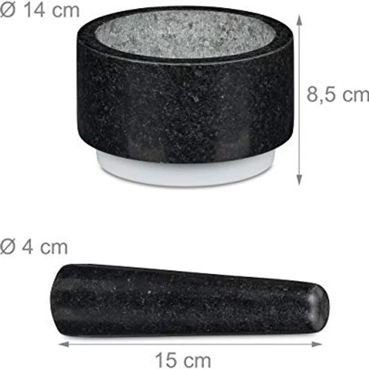 Relaxdays Granit Mörser mit Stößel, langlebig, Gewürze, Kräuter, rutschfest, Steinmörser, Ø 14 cm, 400 ml, grau-weiß – Bild 5