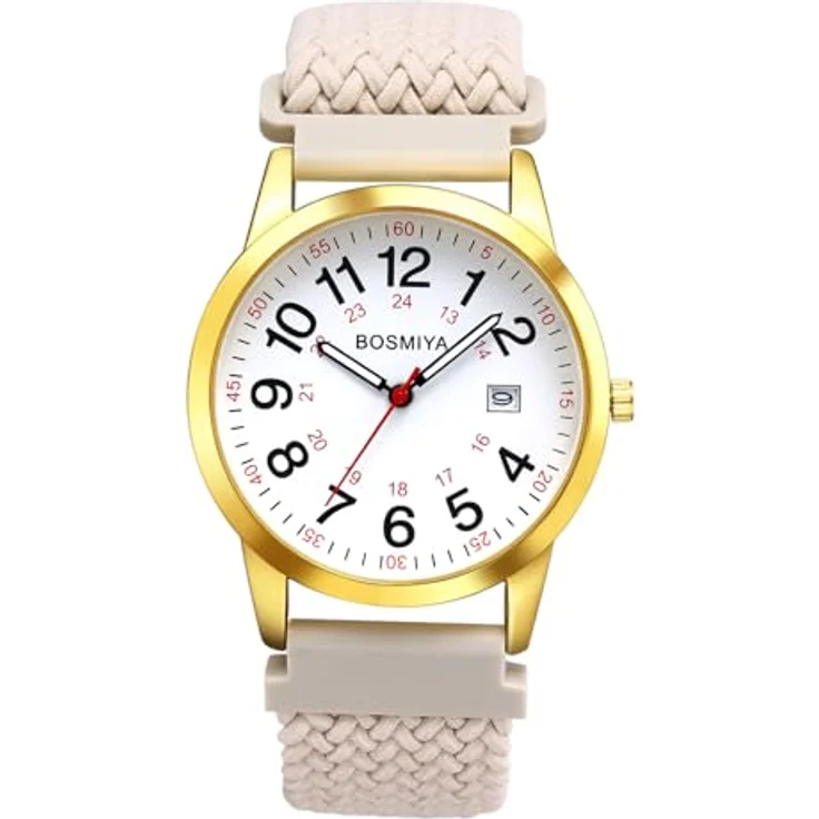 JewelryWe Geflochtene Elastische Uhr, Beige Stoffarmband, Analog Quarz mit 24-Stunden-Zifferblatt und Großen Zahlen, Unisex – Bild 1