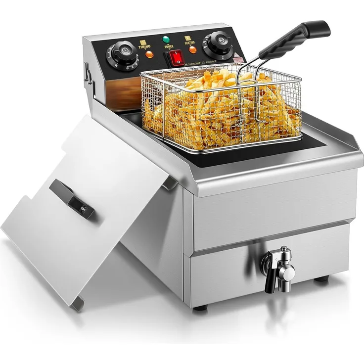 FOHERE Kaltzonenfritteuse 11L, Profi-Elektrofritteuse mit Ölablass und 3000 W, präzise Temperaturregelung 60–200 °C, 60-Minuten-Timer