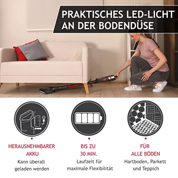 Hoover H-FREE 500 HOME Akku-Staubsauger ohne Beutel – bis zu 30 Min. Laufzeit – komprimierbar für kompaktes Verstauen – kabelloser Staubsauger mit LED & Parkfunktion – auch als Handstaubsauger – Bild 4
