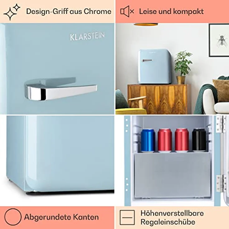 Klarstein Audrey 2in1 Minikühlschrank mit Gefrierfach, 32 L Kühlraum, Retro-Design, 50 cm hoch, blau – Bild 5