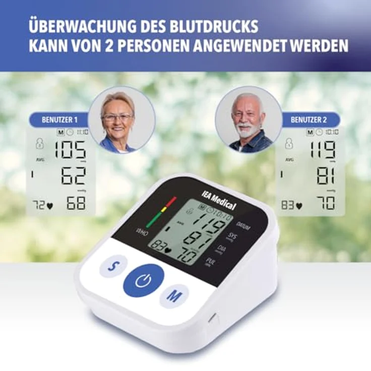 IEA Medical Blutdruckmessgerät Oberarm, TÜV zertifiziert, für 2 Personen, großes Display, USB-C und Batteriebetrieb – Bild 2