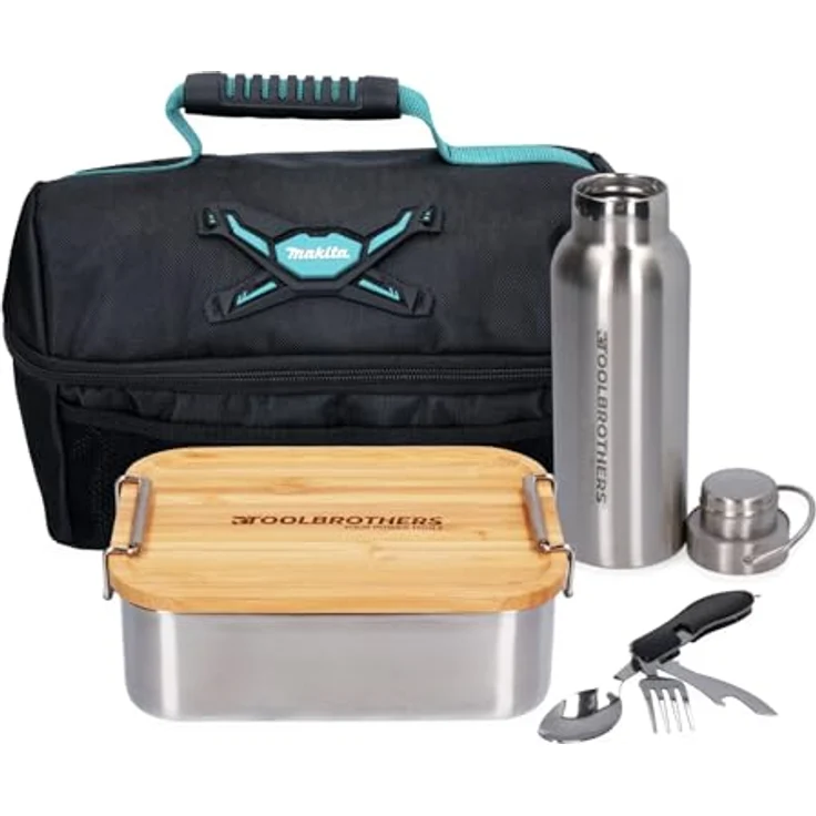 Toolbrothers Fan Lunchpaket mit Edelstahl Brotdose mit Bambus Deckel + Edelstahl Trinkflasche 500 ml + 4 in 1 Multifunktions Besteck + Marken-Kühltasche – Bild 1
