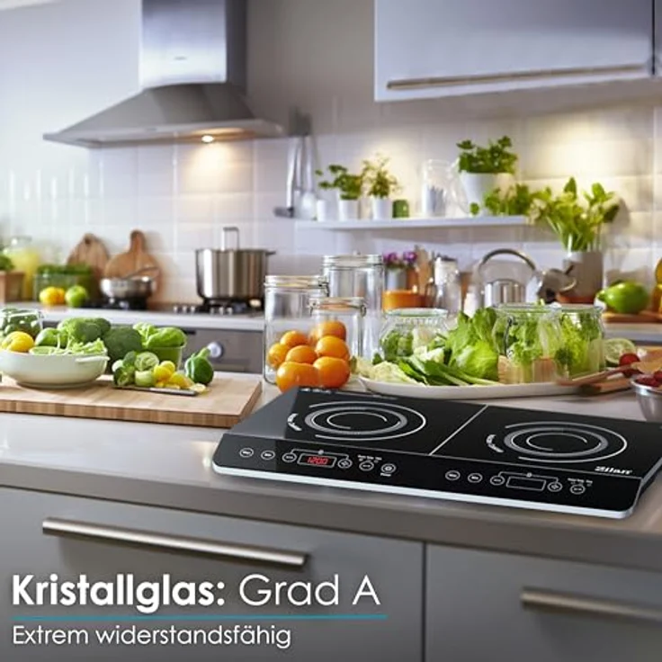Zilan Doppel-Induktionskochplatte ZLN-8088, Kristallglas, 2 Kochfelder, 10 Temperaturstufen, 200-2000 Watt, Timer, Überhitzungsschutz, Touch-Bedienfeld, Digitalanzeige – Bild 4