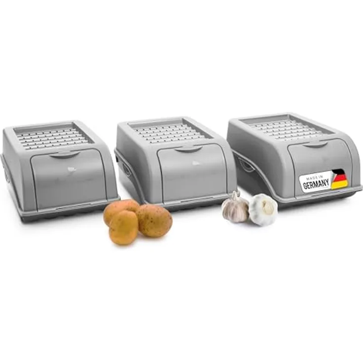 Novaliv Kartoffel Aufbewahrungsbox 3er Set, stapelbar, 3,5L, grau, für Gemüse und Obst mit Luftzirkulation
